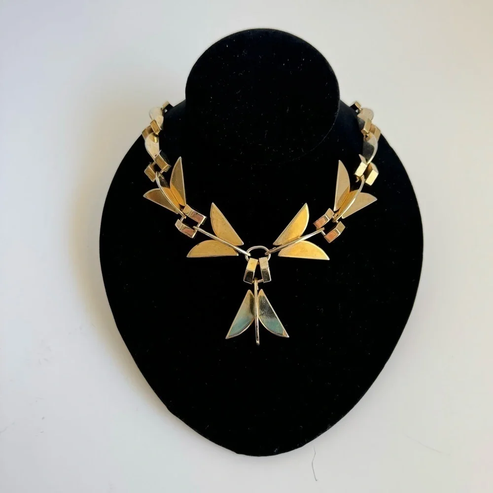 Vintage Modernist Necklace Gold Tone Retro Geometric 60s Collar Bib Runway Piece
